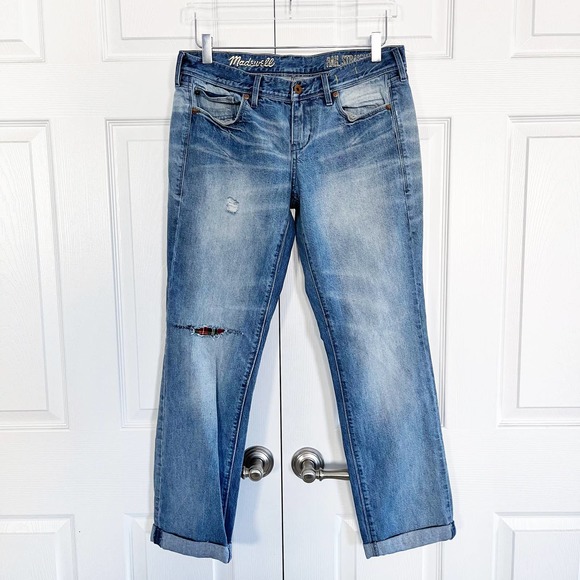 Madewell Denim - Madewell Rail Straight Jeans with Plaid Patch Rolled Hem